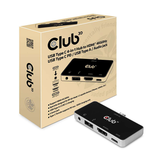 Picture of Mini docking station Club 3D USB TYPE C 3.1 GEN 1 TO HDMI 2.0B + 1 USB 2.0 TYPE A + USB C CHARGE UP TO 100W + 1 COMBO AUDIO JACK FEMALE CSV-1591