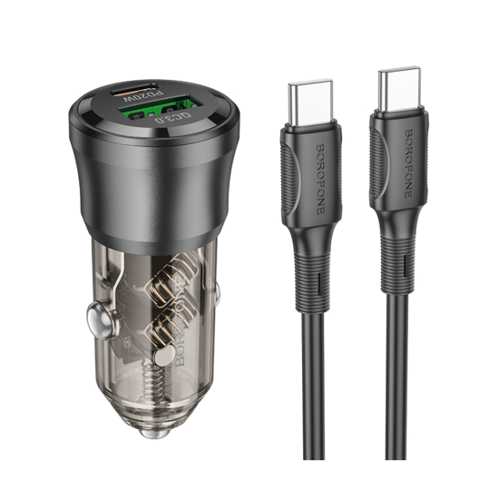 Picture of Auto Punjač sa kablom 1m Type-C to Type-C BOROFONE BZ25 Journey PD38W USB + Type-C car set transparent black