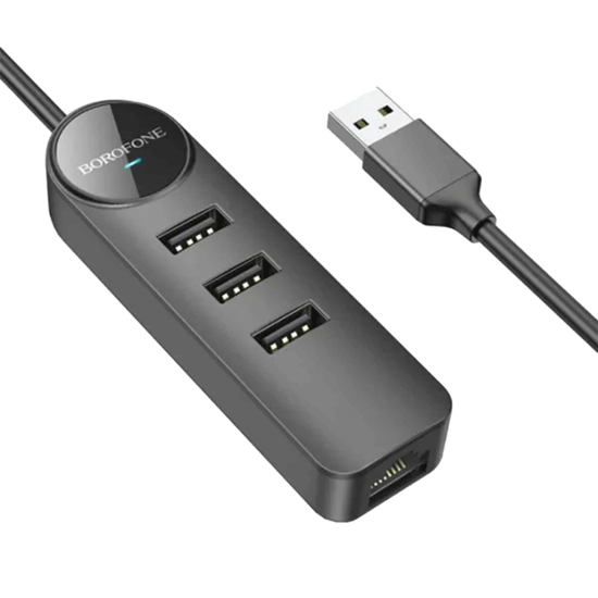 Picture of USB HUB + GLAN Ethernet Adapter BOROFONE DH6 Erudite 4-in-1, USB3.0x3 +RJ45 black