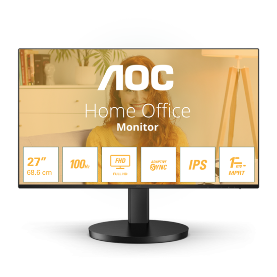 Picture of MONITOR AOC 27" 27B3HA2  IPS, 16:9, 1920x1080, 100Hz, 1ms, 250 cd/m2, 1300:1, VGA, HDMI, VESA, Ultra Narrow, Adaptive Sync, 2 W x 2, Black, VESA 3y