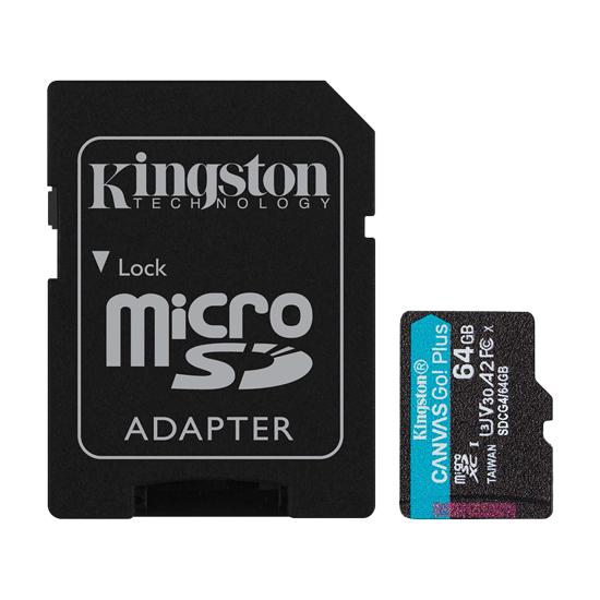 Picture of Micro SDXC card Kingston 64GB Canvas GoPlus Gen.4 200MB/s A2 U3 V30 Card + Adapter SDCG4/64GB 