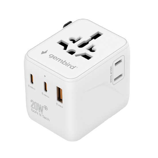 Picture of Univerzalni strujni adapter za sve zemlje + USB + Type-C punjač GEMBIRD, 20 W, white, TPA-1A2C20-01-W