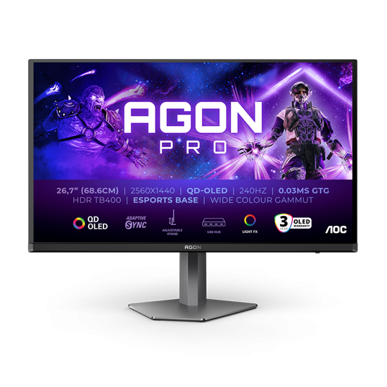 Picture of MONITOR AOC LED AG276QZD2 AGON PRO 26.7" 2560x1440 QD-OLED Adaptive Sync 240Hz 0.03ms 250 cd/m2 3-sided frameless FULL ERGO 2xHDMI 2xDP USB Hub