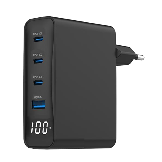Picture of USB punjač 3xType-C + USB-A , 4-port 100W GaN USB fast charger, LCD, black, GEMBIRD, TA-UC-PDQC100LCD-01-BK