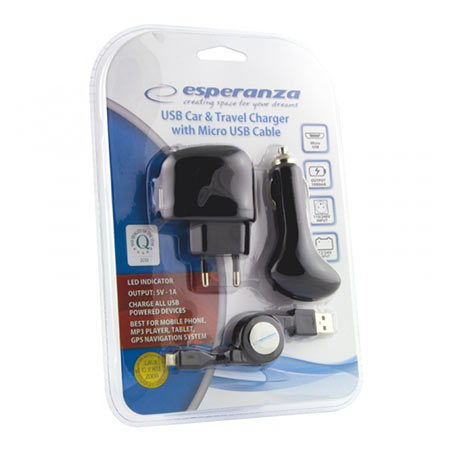 USB punjaci + microUSB kabl ESPERANZA, 3in1 set, DC 12-24V, AC 100-240V, out 5V/1000mA, EZ116