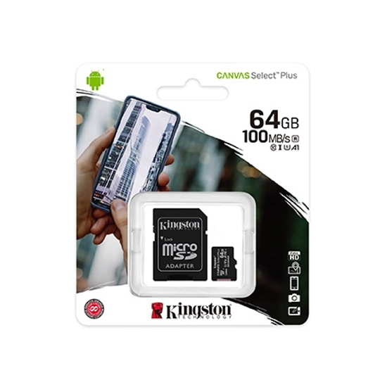 Picture of Micro SD card Kingston 64 GB SDHC  SDCS2/64GB  Class10 Canvas Select Plus SD adapter;100MBs Read,Class 10 UHS-I