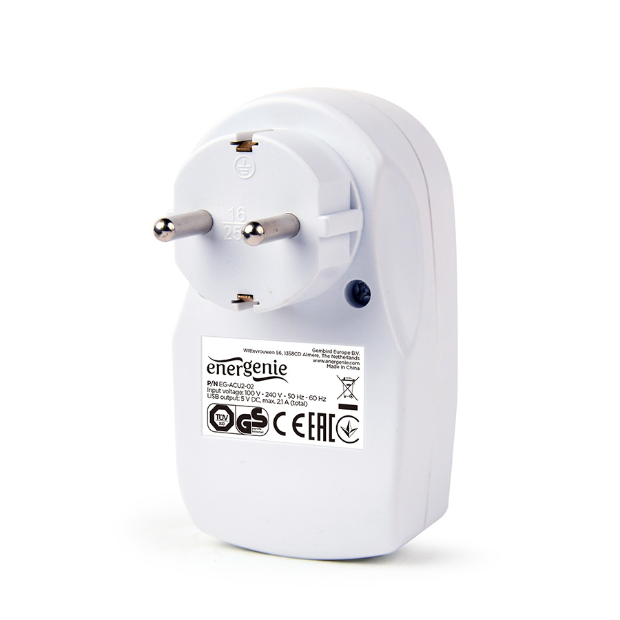Shuko utičnica sa 1x 220V + 2x USB 2.1A, punjenje mobit, tableta i sl., GEMBIRD, white EG-ACU2-02