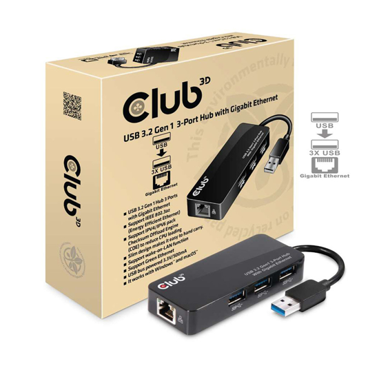 Picture of USB hub + ethernet Club 3D USB TYPE A 3.1 GEN 1 TO 3 X USB TYPE A 3.0 WITH GIGABIT ETHERNET RJ45 CSV-1430