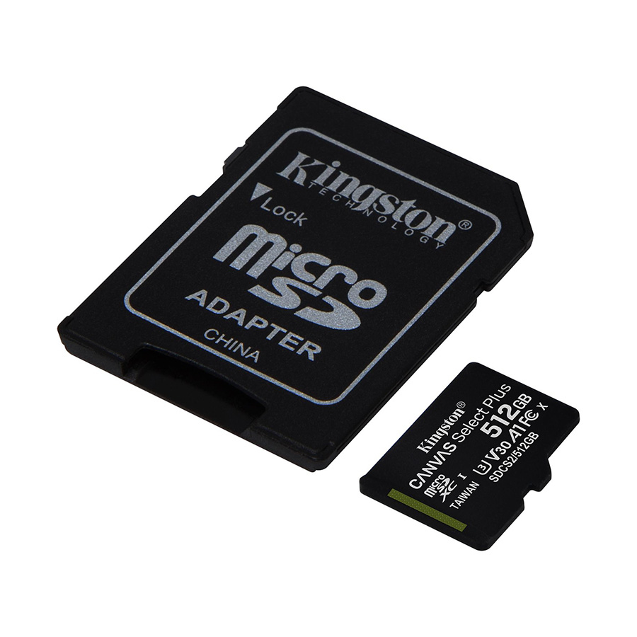 Micro SD card Kingston 512 GB SDHC SDCS2/512GB Class10 Canvas Select Plus SD adapter;100MBs Read,Class 10 UHS-I