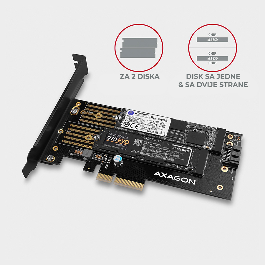 Kontroler PCI-Express CON PCIe 3.0x4 to Dual M.2 (NVMe + SATA), LP, PCEM2-D, AXA