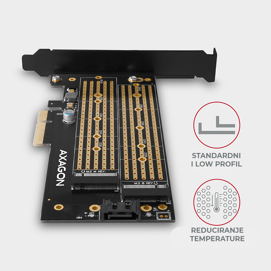 Kontroler PCI-Express CON PCIe 3.0x4 to Dual M.2 (NVMe + SATA), LP, PCEM2-D, AXA