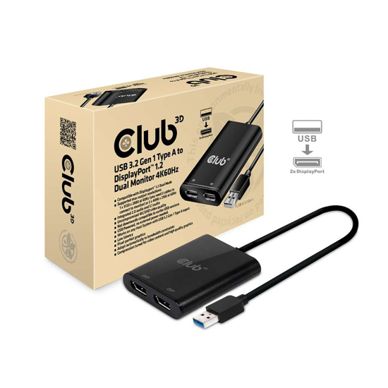 Picture of Video adapter Club 3D USB3.2 Gen1 Type A to DisplayPort1.2 Dual Monitor 4K60Hz Video Splitter CSV-1477