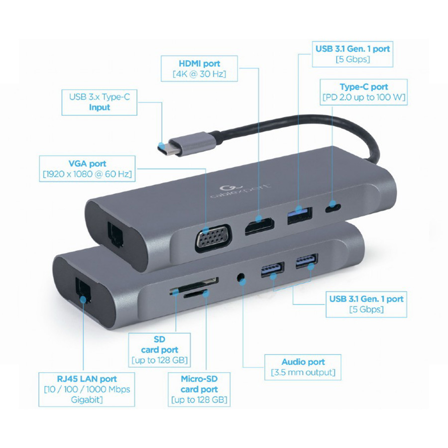 Docking station USB adapter Type-C 7-in-1 multi-port adapter Hub3.0 + HDMI + VGA + PD + card reader + stereo audio, space grey GEMBIRD A-CM-COMBO7-01