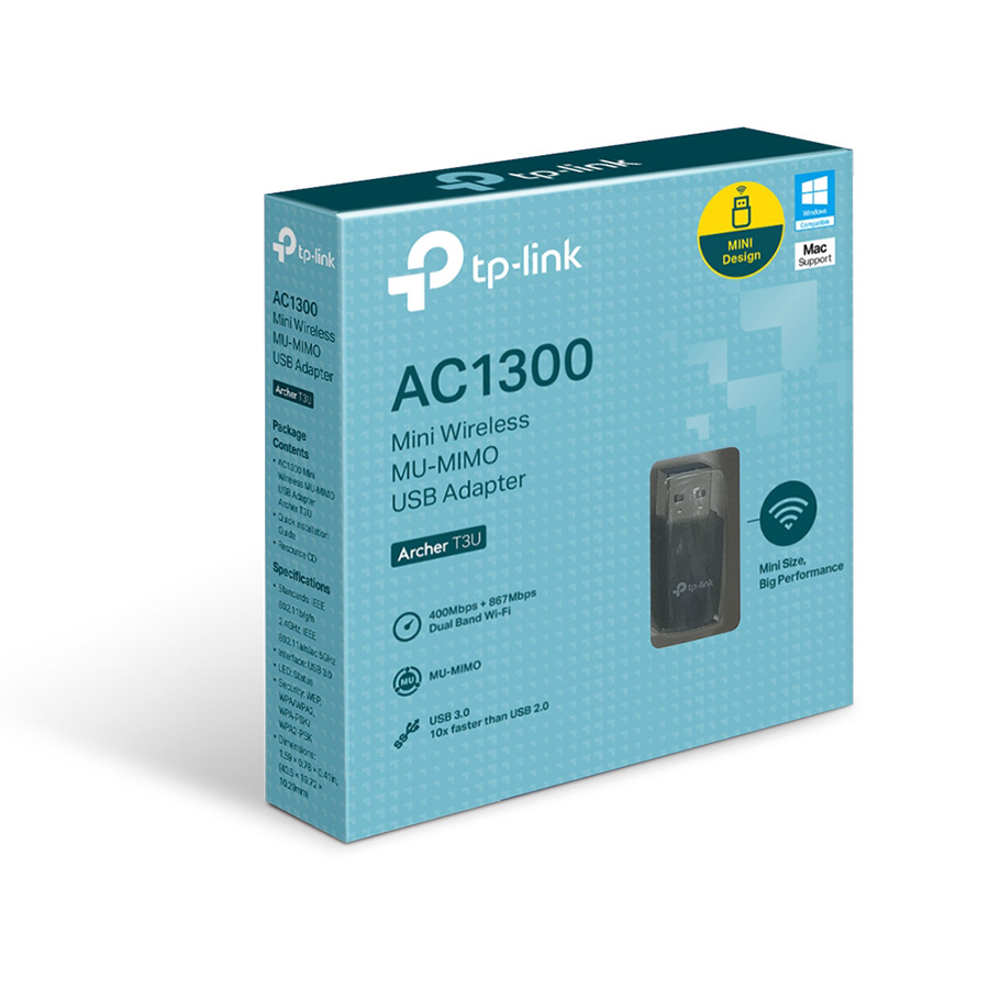 USB WLAN TP-Link Archer T3U AC1300 Mini Wi-Fi MU-MIMO USB Adapter,Mini Size, 867Mbps at 5GHz + 400Mbps at 2.4GHz, USB 3.0
