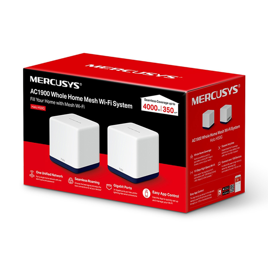 Mercusys Halo H50G (2-Pack) AC1900 Whole Home Mesh Wi-Fi System, 600 Mbps at 2.4 GHz + 1300 Mbps at 5 GHz, 3× Internal Antennas, 3× Gigabit Ports per