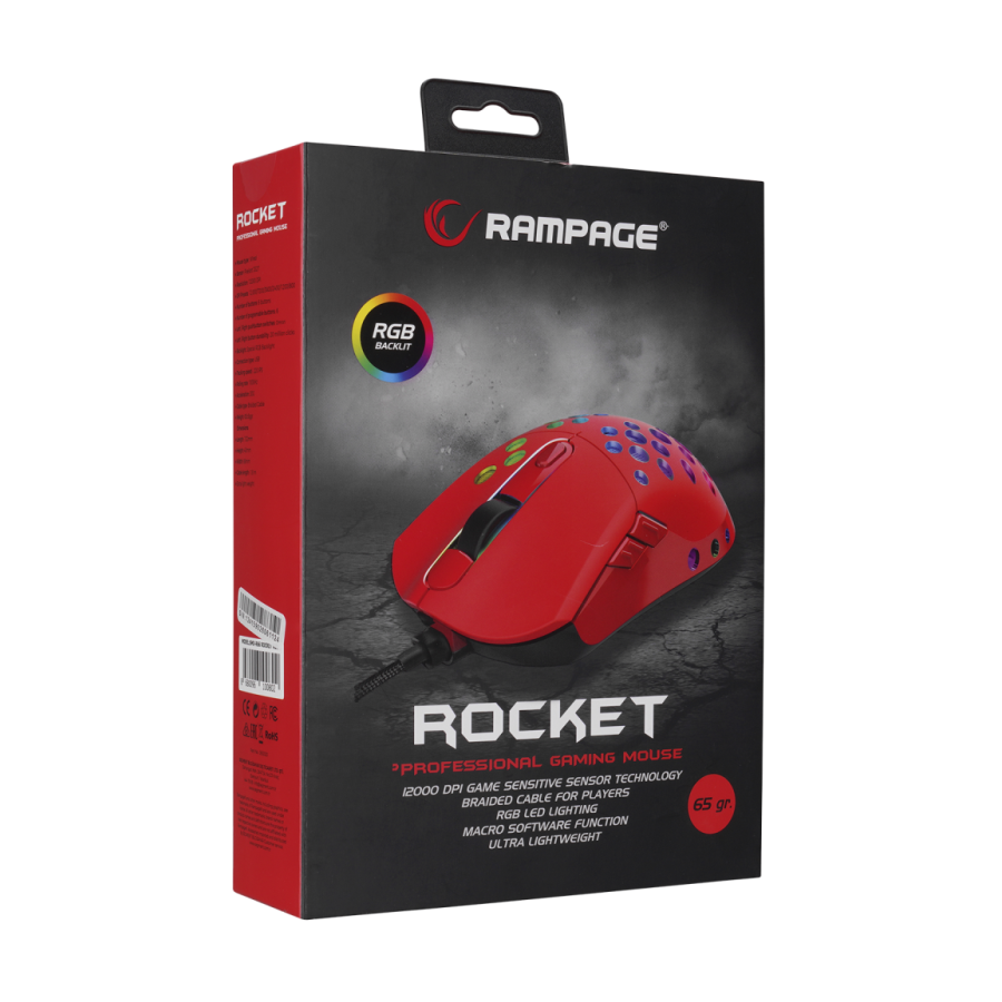 Miš gaming Rampage SMX-R66 ROCKET Ultra Light Red RGB LED 12000dpi ...