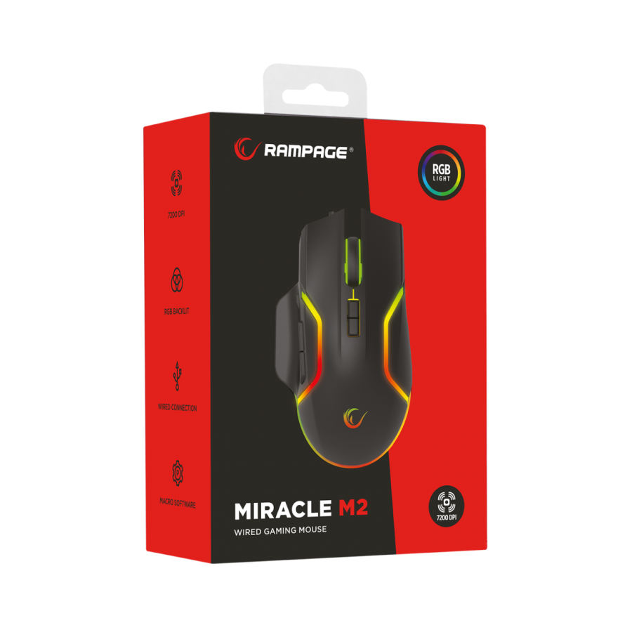 Miš gaming RAMPAGE Miracle M2, USB Black, 8 buttons, RGB 7200dpi