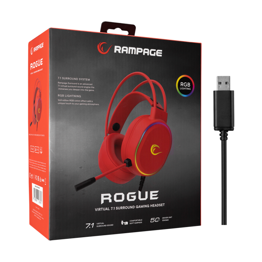 Slušalice sa mikrofonom gaming RAMPAGE ROGUE red, 7.1, PC/PS4/PS5, USB, RGB LED
