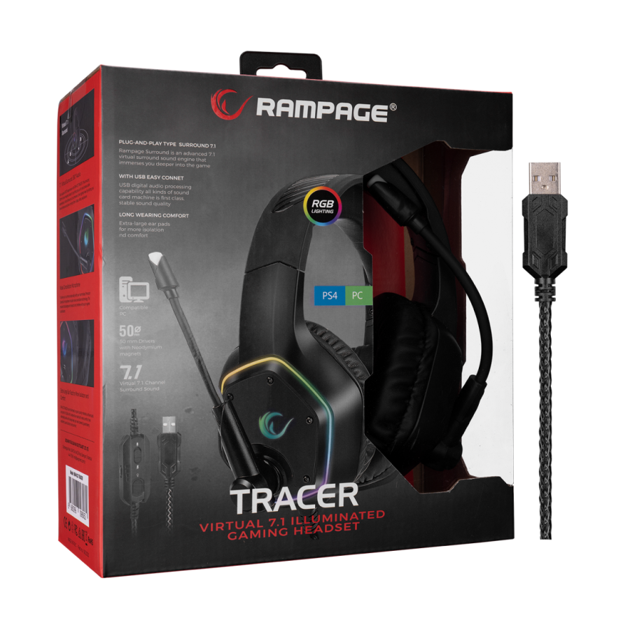 Slušalice sa mikrofonom gaming RAMPAGE RM-K33 X-TRACER, USB, 7.1 Surround, RGB PC/ PS4