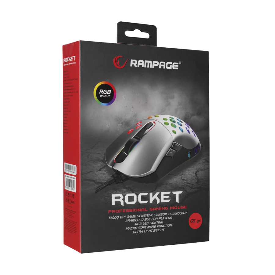 Miš gaming RAMPAGE SMX-R66 ROCKET Ultra Light silver, RGB LED, 12000dpi