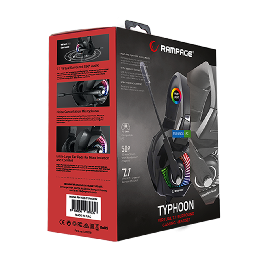 Slušalice sa mikrofonom gaming RAMPAGE RM-K66 TYPHOON black, PC/PS4, USB, 7.1, RGB LED