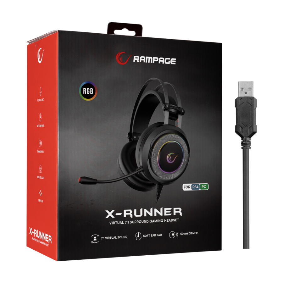 Slušalice sa mikrofonom gaming RAMPAGE G7 X-RUNNER black, PC/PS4, RGB LED, 7.1, fleksibilni mikrofon