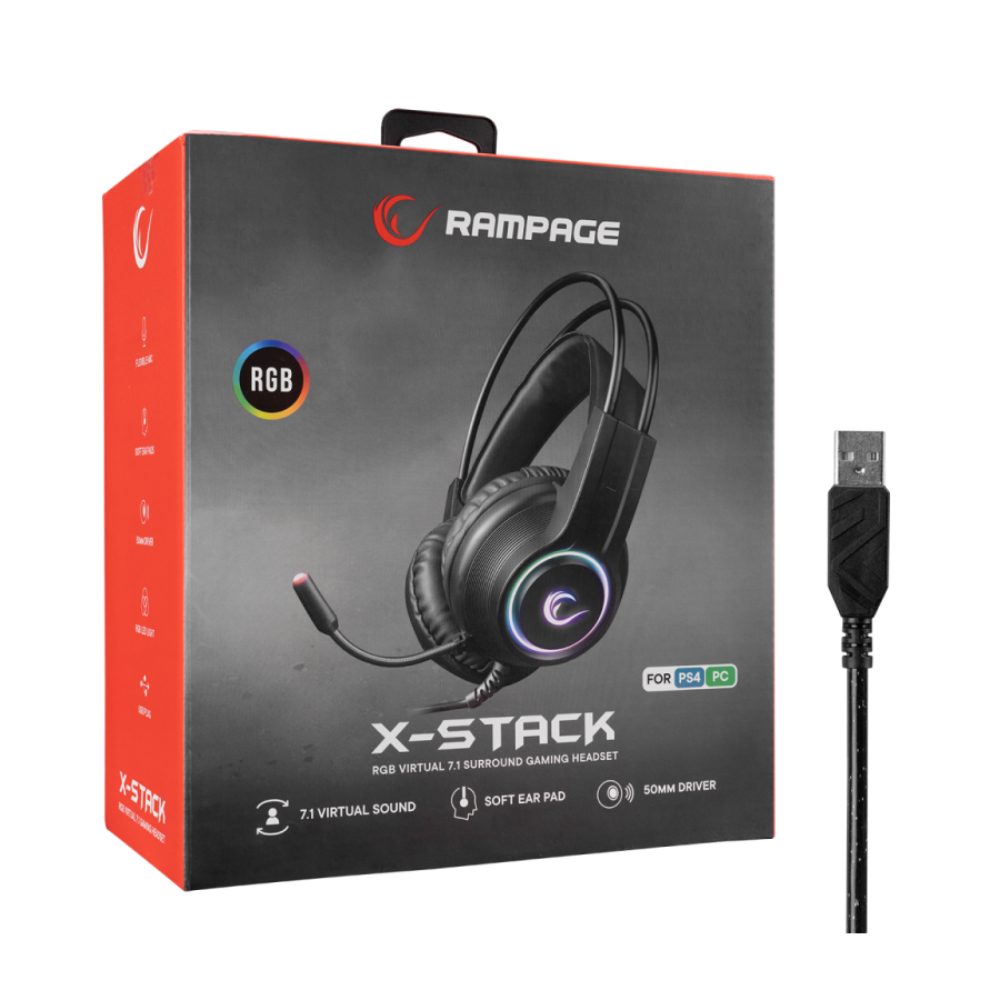 Slušalice sa mikrofonom gaming RAMPAGE RM-K92 X-STACK black PC/PS4 USB 7.1, RGB