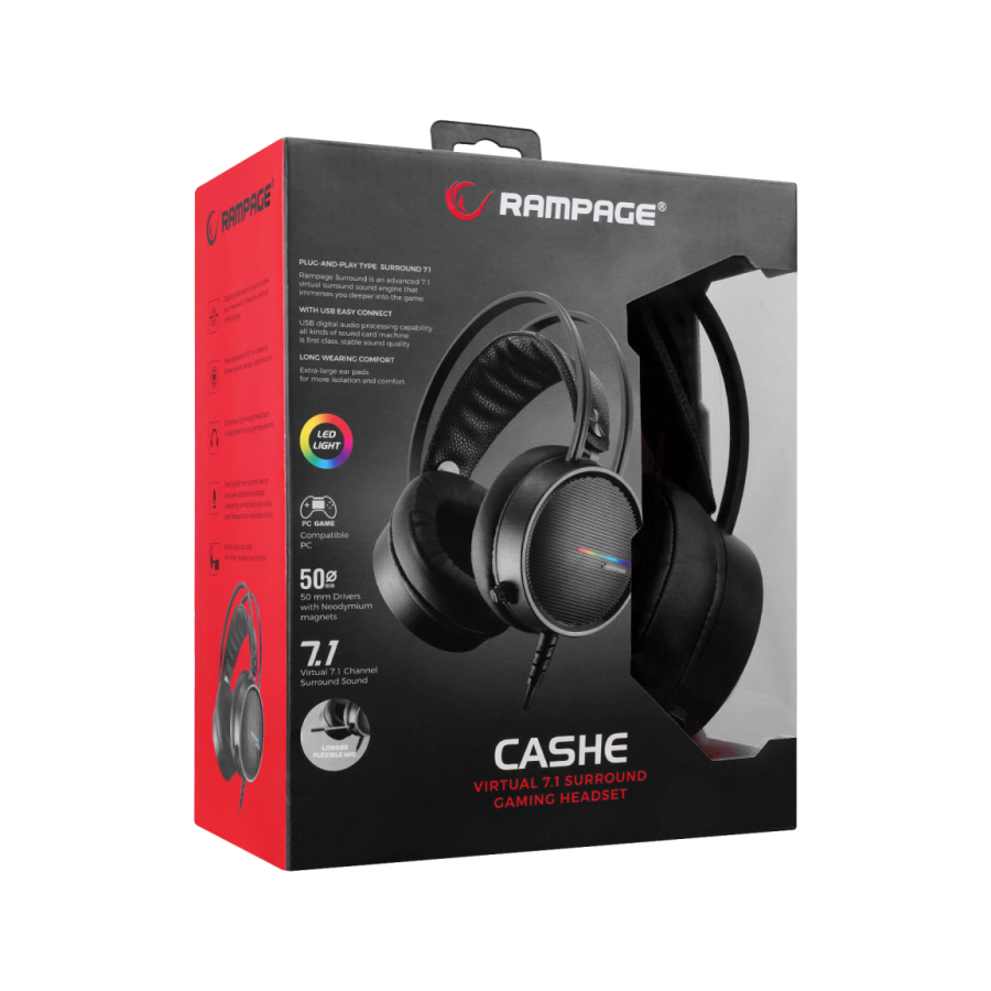 Slušalice sa mikrofonom gaming RAMPAGE RM-K3 CASHE PLUS, dugi mikrofon, USB 7.1, Rainbow LED, black, fleksibilne podesiva traka za glavu