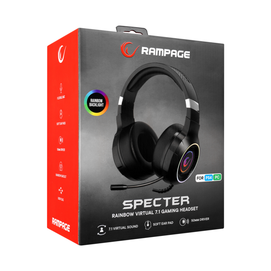 Slušalice sa mikrofonom gaming RAMPAGE RM-K56 SPECTER black, PS4/PC USB 7.1 Rainbow LED