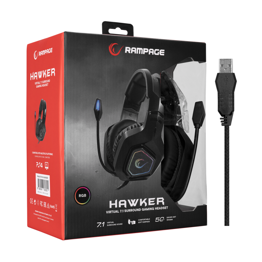 Slušalice sa mikrofonom gaming RAMPAGE RM-K8 HAWKER black, PC/PS4, USB, 7.1, RGB LED