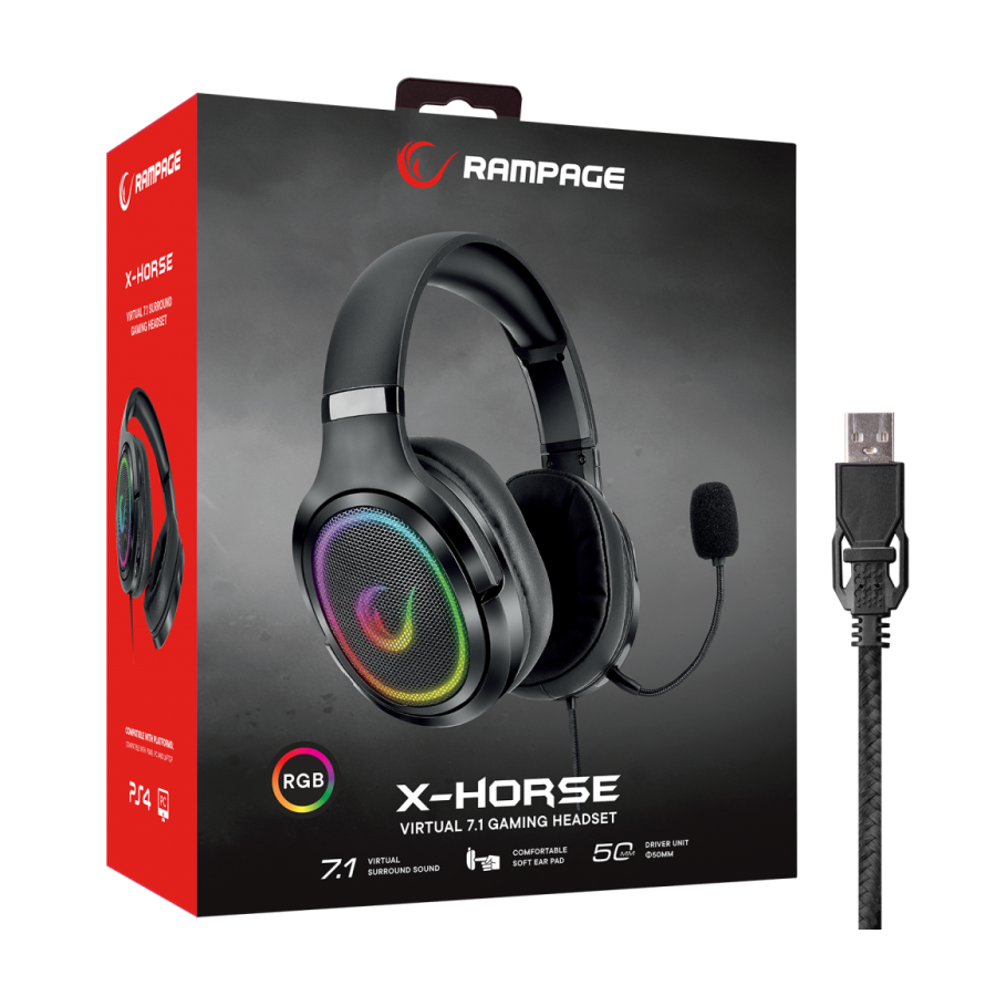 Slušalice sa mikrofonom gaming RAMPAGE RX6 X-HORSE black PC/PS4, USB, RGB LED, 7.1, odvojiv mikrofon