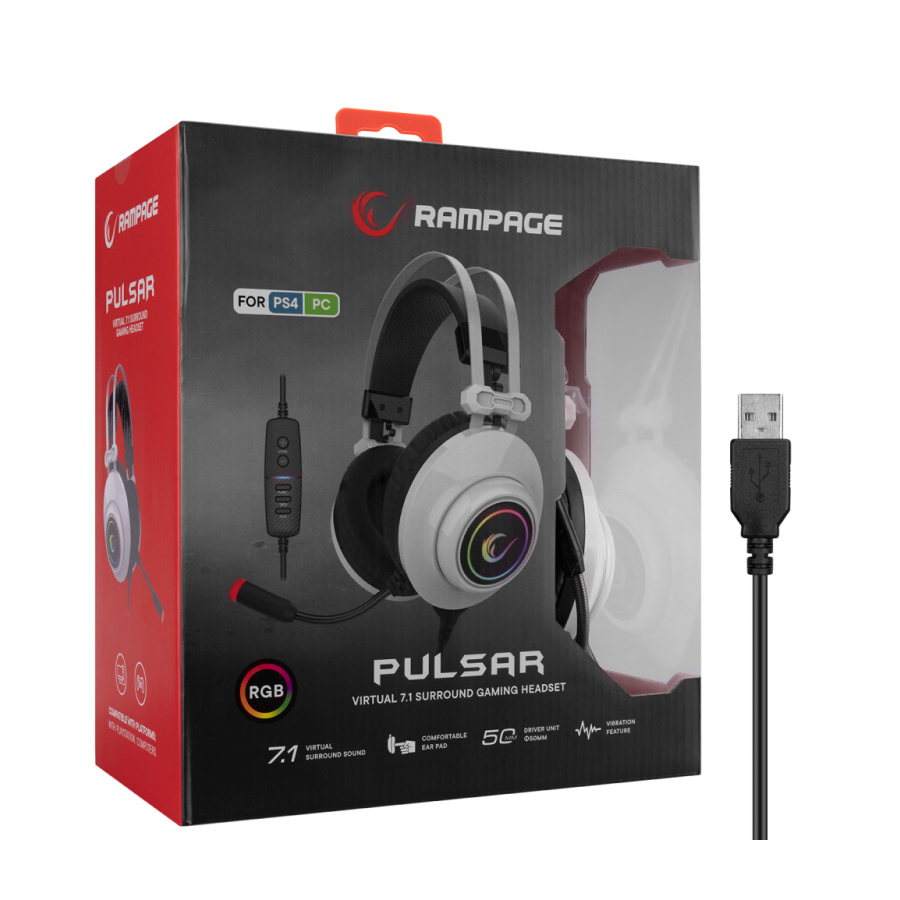Slušalice sa mikrofonom gaming RAMPAGE RM-K1 PULSAR white, USB 7.1 surround, vibracija, RGB