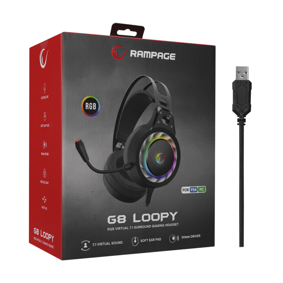 Slušalice sa mikrofonom gaming RAMPAGE G8 LOOPY, PC/PS4/PS5, USB, 7.1, RGB LED, fleksibilni mikrofon
