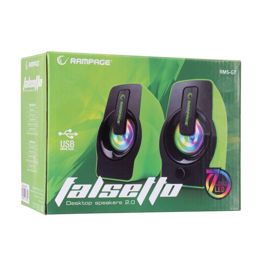 Zvučnici 2.0 gaming RAMPAGE RMS-G7 FALSETTO 2.0 6W RGB LED, green, 3,5mm + USB napajanje