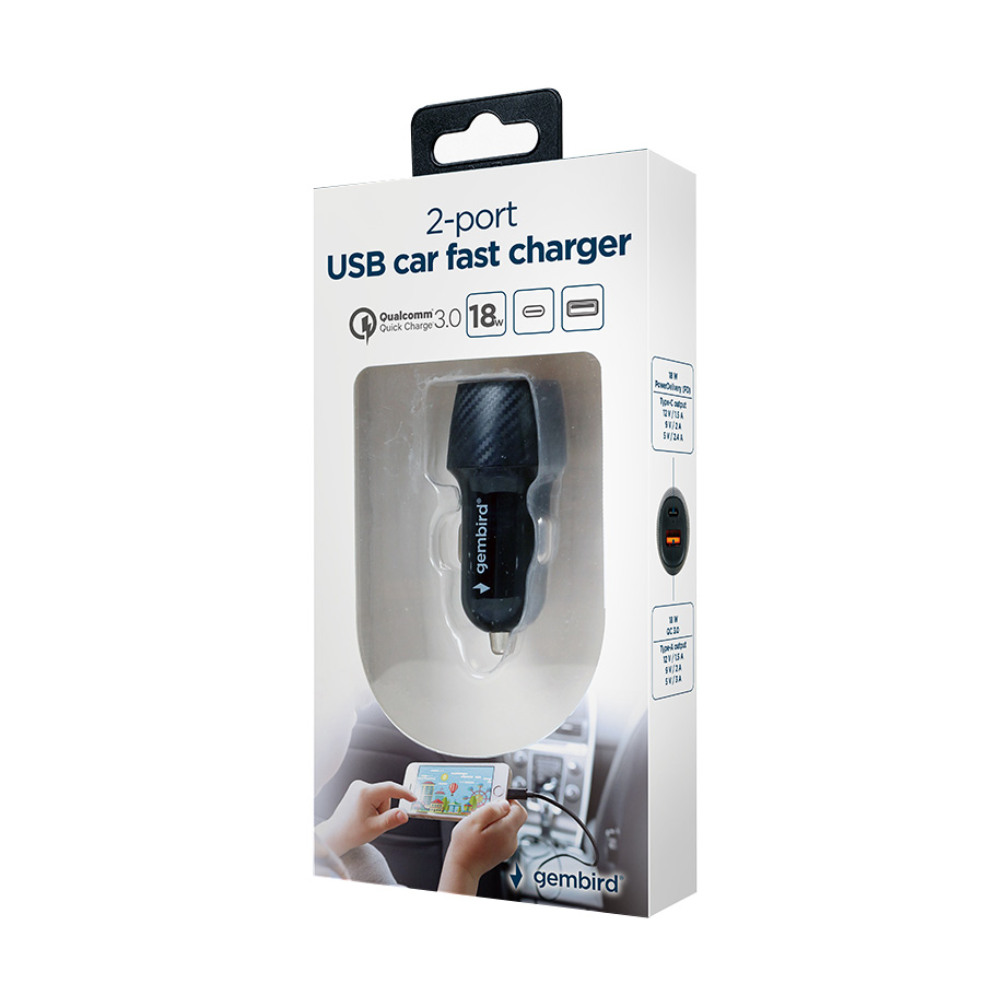 USB punjač za auto GEMBIRD, fast charger 2-port USB-A + Type-C PD, 18 W, black, TA-U2QC3-CAR-02