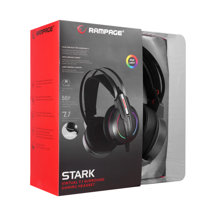 Slušalice sa mikrofonom gaming RAMPAGE RM-K6 STARK PLUS, metalic gray, USB, 7.1 surround, Double RGB, PC/PS4