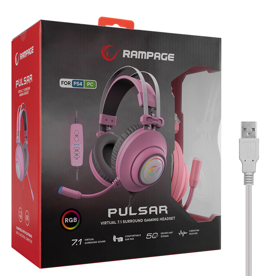 Slušalice sa mikrofonom gaming RAMPAGE RM-K1 PULSAR pink, USB, 7.1 Surround+Vibration, RGB, dugi fleksibilni mikrofon, 36130
