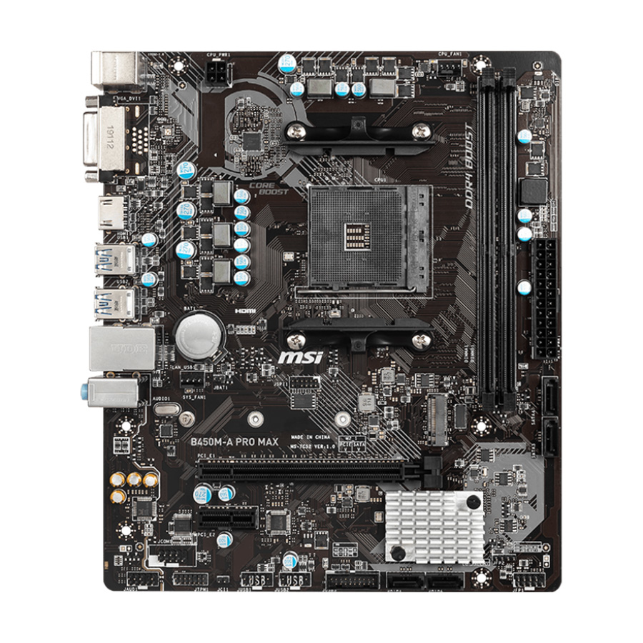 MSI MB B450M-A PRO MAX, AM4, DDR4, PCI-Ex, 6xUSB3.2, 6xUSB2.0, 4xSATA, M.2, DVI-D, HDMI, GLAN, mATX