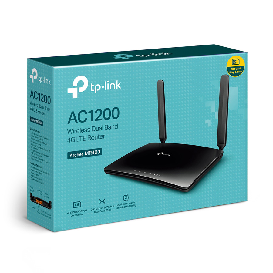 ROUTER ARCHER MR400 AC1200 bežični dvopojasni 4G LTE ruter, ugrađeni 4G LTE modem, podržava LTE-FDD/LTE-TDD/DC-HSPA+/HSPA+/HSPA/UMTS, sa 3x10/100Mbps