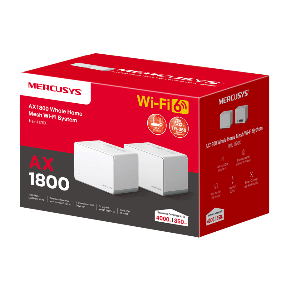 Access Point Mercusys Halo H70X (2 paketa) AX1800 Whole Home Mesh Wi-Fi 6 sistem, 574 Mbps na 2,4 GHz + 1201 Mbps na 5 GHz, interne antene, 3× Gigabit
