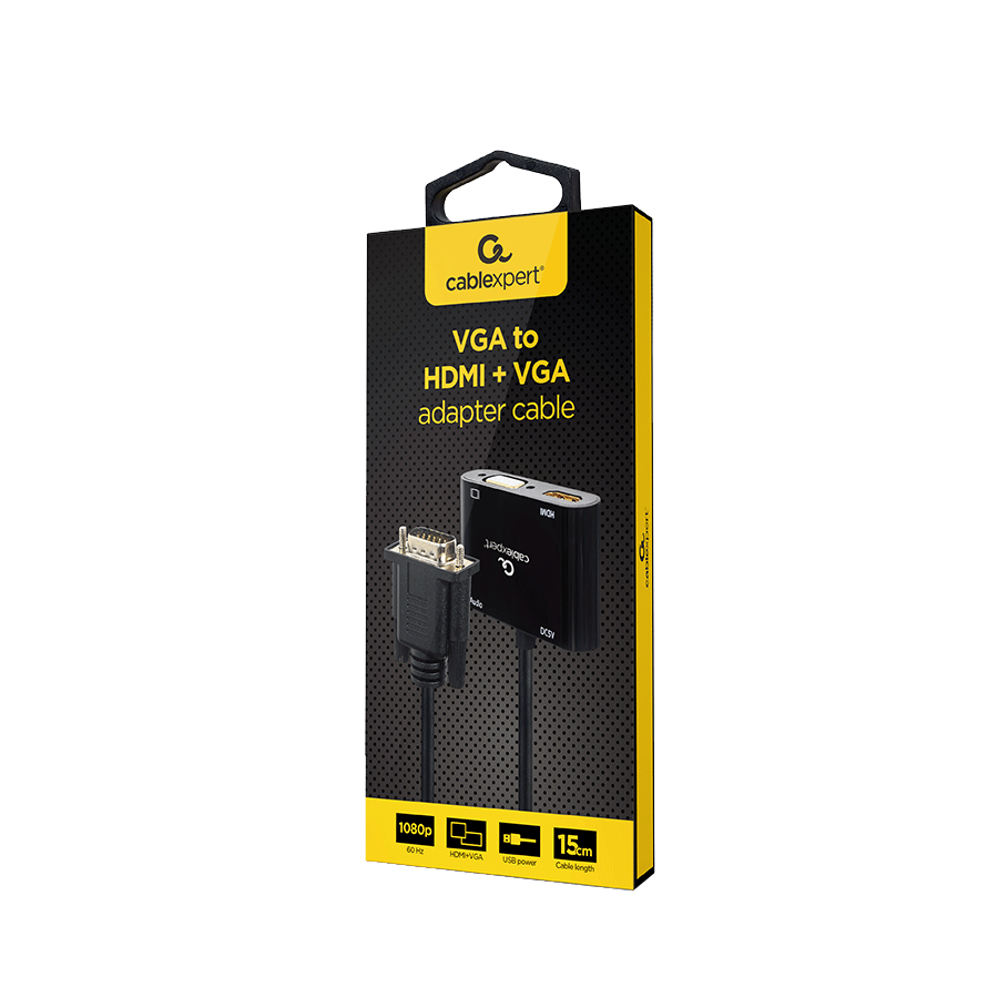 Video adapter VGA to HDMI + VGA adapter 0.15 m, black, GEMBIRD A-VGA-HDMI-02