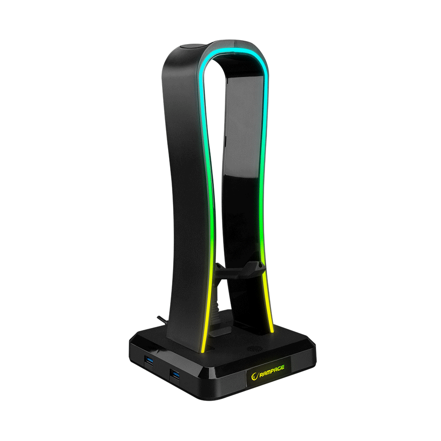 Postolje za slušalice gaming RAMPAGE RM-H77 X-BASE Black RGB Illuminated 4*USB Port Headphone Stand with Mouse Bungee Cord Holder