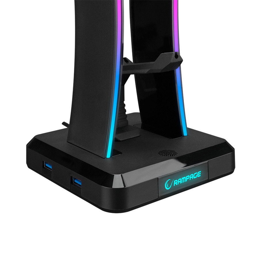 Postolje za slušalice gaming RAMPAGE RM-H77 X-BASE Black RGB Illuminated 4*USB Port Headphone Stand with Mouse Bungee Cord Holder