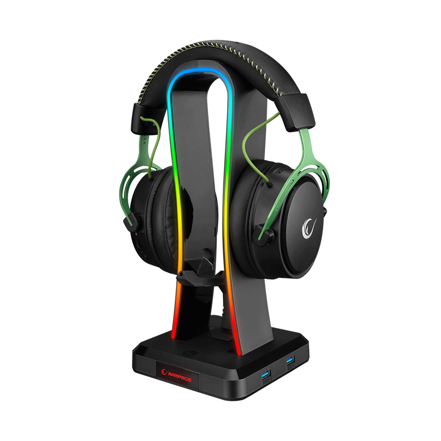 Postolje za slušalice gaming RAMPAGE RM-H77 X-BASE Black RGB Illuminated 4*USB Port Headphone Stand with Mouse Bungee Cord Holder
