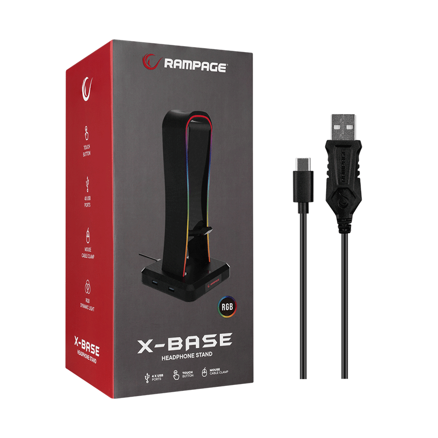 Postolje za slušalice gaming RAMPAGE RM-H77 X-BASE Black RGB Illuminated 4*USB Port Headphone Stand with Mouse Bungee Cord Holder