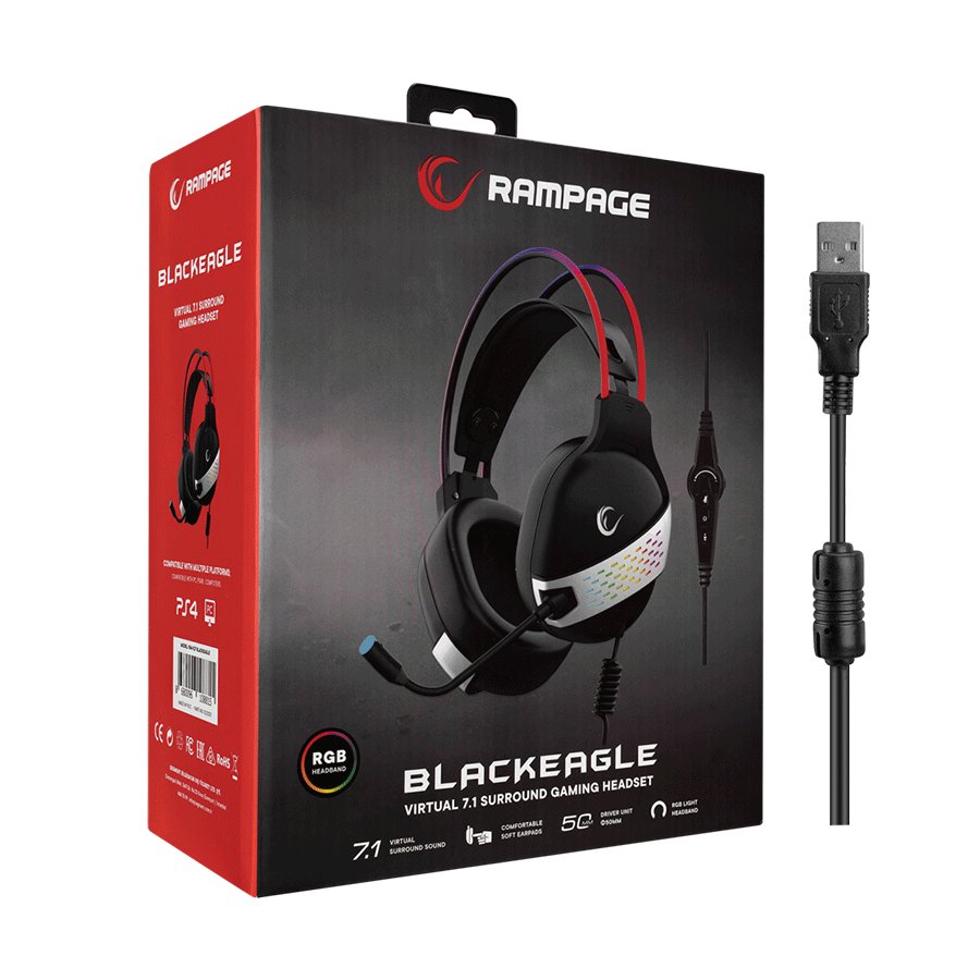 Slušalice sa mikrofonom gaming RAMPAGE RM-K37 BLACK EAGLE BLACK USB 7.1 RGB, RGB Headband, In Line Wire Control, Detachable Mic