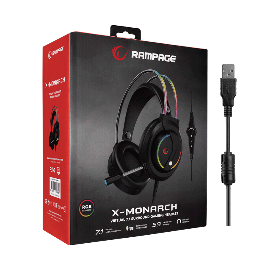 Slušalice sa mikrofonom gaming RAMPAGE RM-K17 X-MONARCH Black USB 7.1 RGB, In Line Wire Control