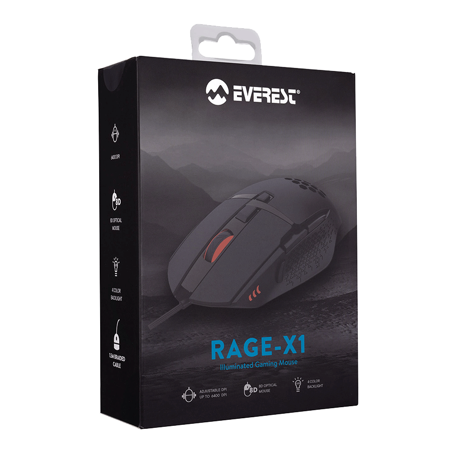 Miš gaming Everest RAGE-X1 Usb Black Led Illuminated 6400dpi 8 Buttons Programable Gaming Mouse with holes design, Sunplus 192