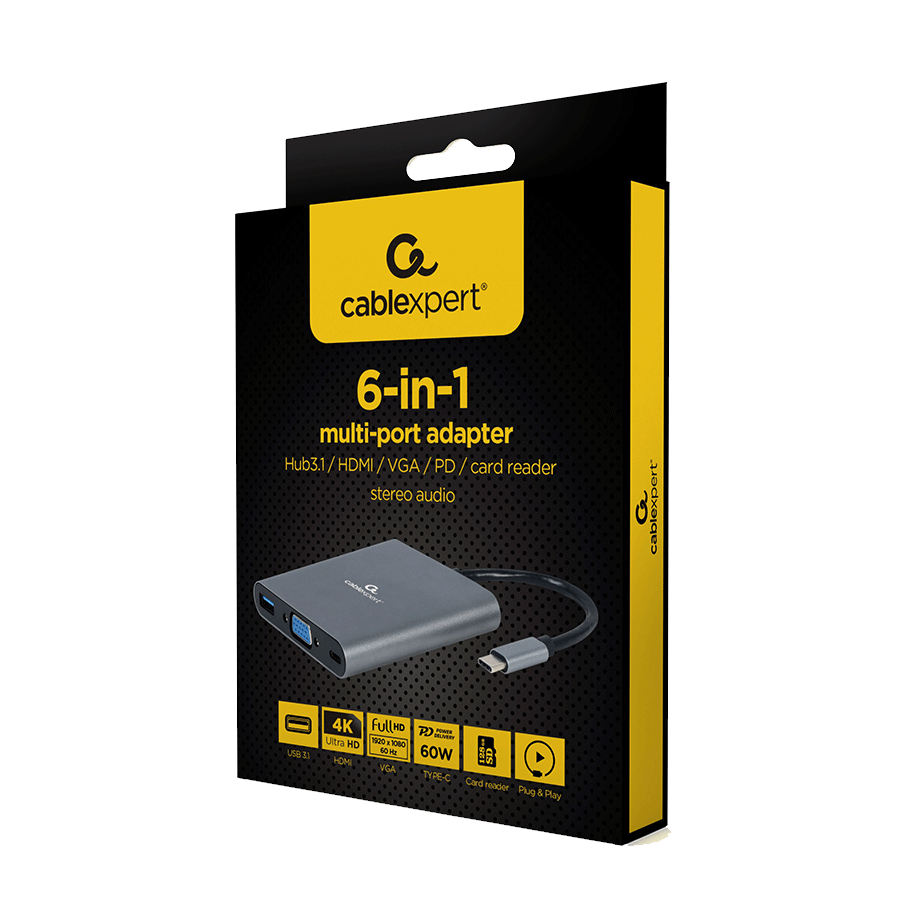 Docking station USB adapter Type-C 6-in-1 multi-port adapter (Hub3.1 + HDMI + VGA + PD + card reader + stereo audio), space grey, A-CM-COMBO6-01