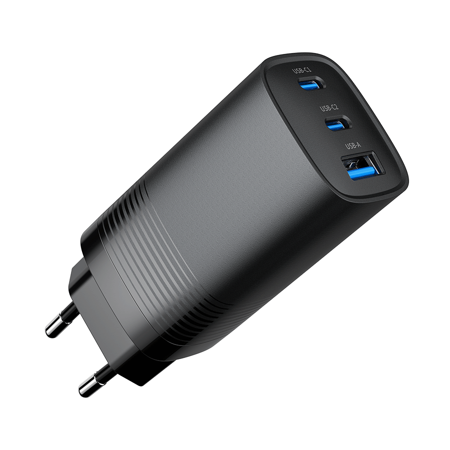 USB punjač 2xType-C + 1xUSB-A fast charger, 65W PD, back GEMBIRD, TA-UC-PDQC65-01-BK